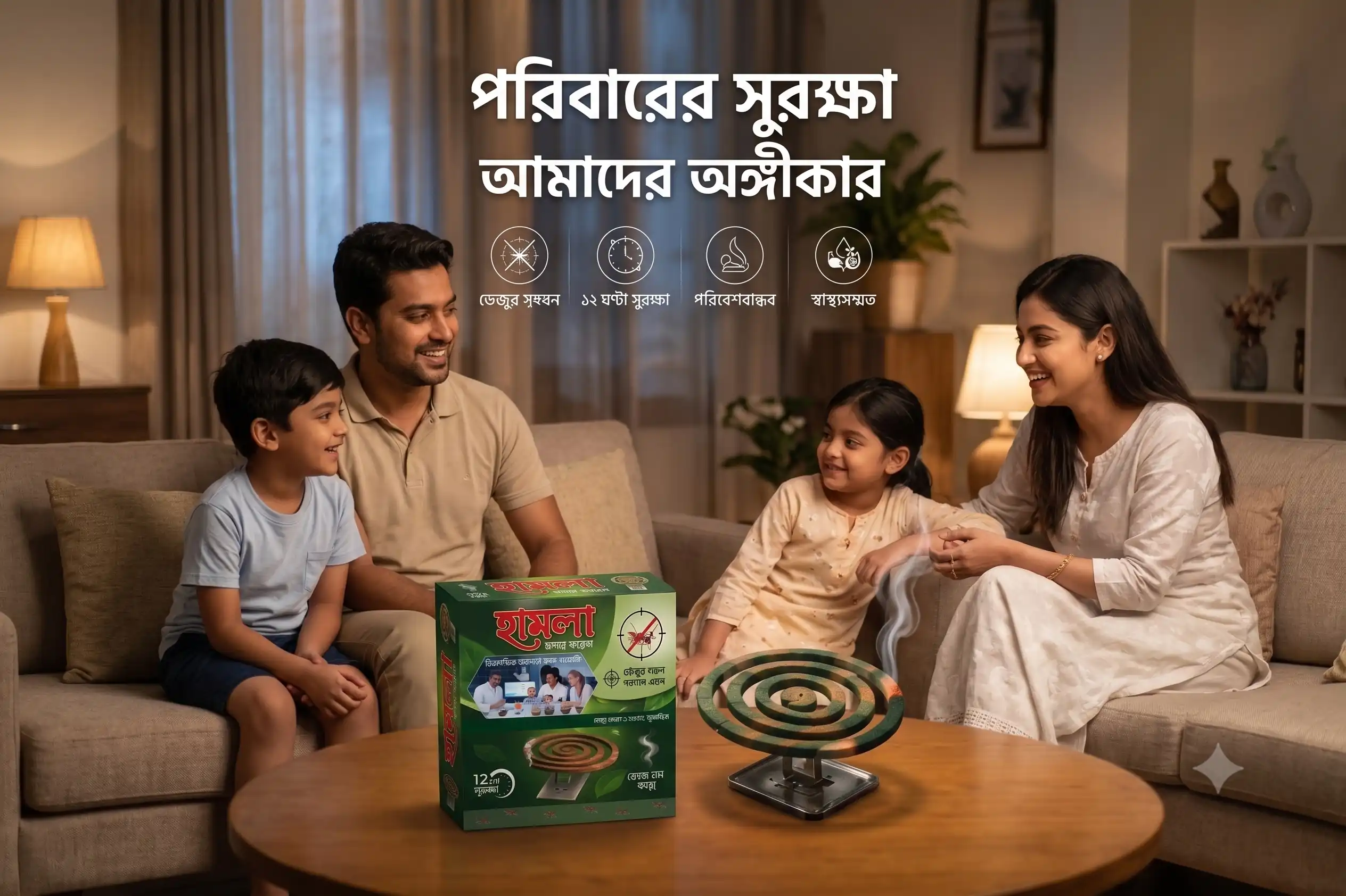 Happy family protected from mosquitoes by Hamla Moshar Coil in the drawing room.