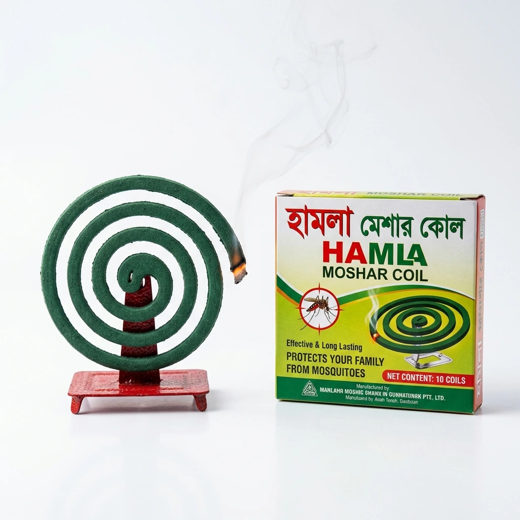 Hamla Moshar Coil product box and burning green coil on a stand.